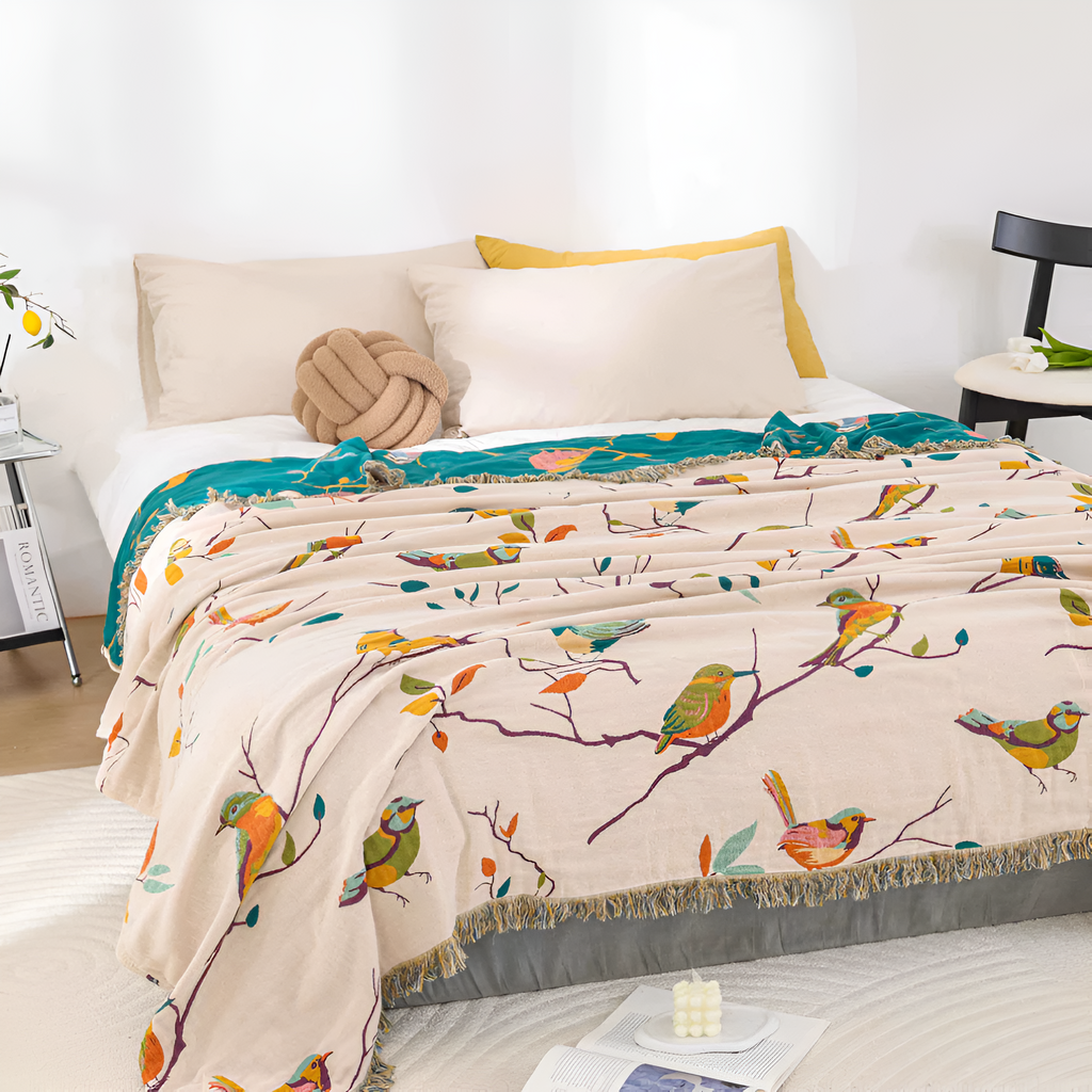 Bird Pattern Cotton Throw Blanket with Tasselled Edges