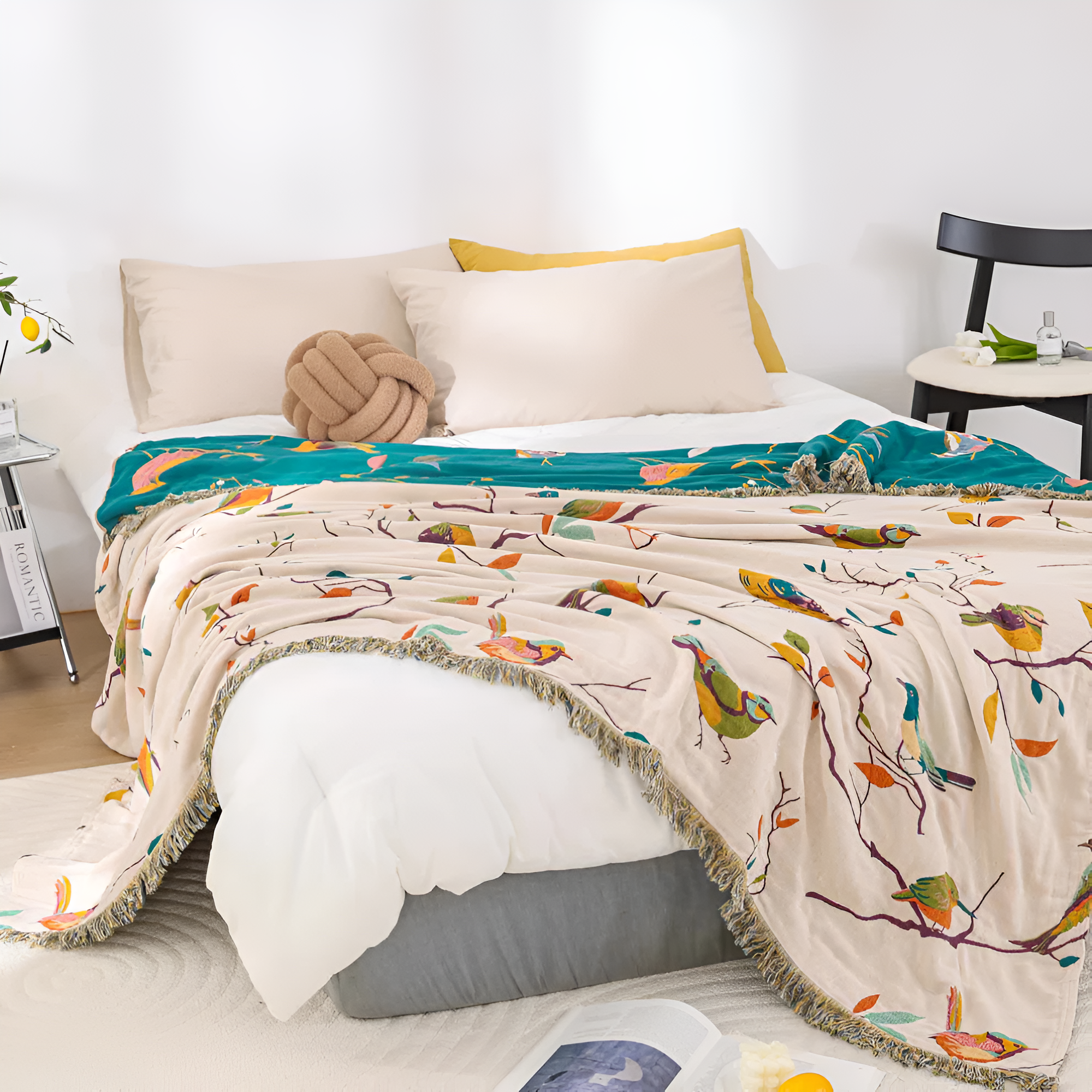 Bird Pattern Cotton Throw Blanket with Tasselled Edges