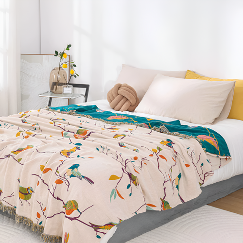 Bird Pattern Cotton Throw Blanket with Tasselled Edges